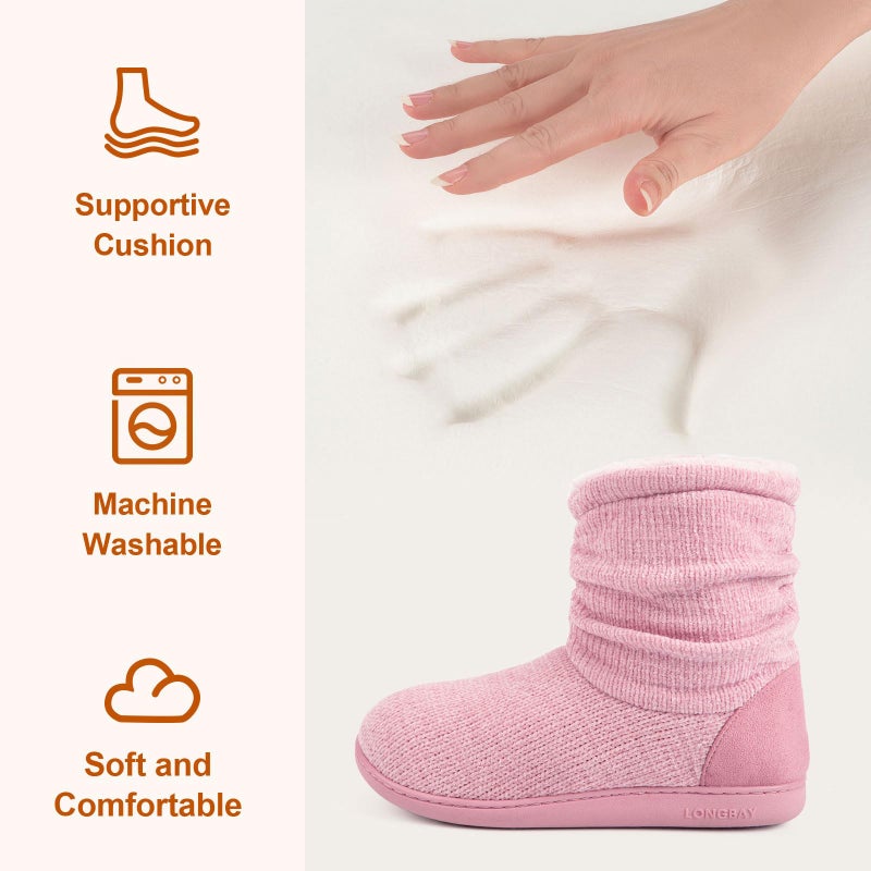 LongBay Women's Chenille Knit Bootie Slippers Cute Plush Fleece Memory Foam House Shoes (Large / 9-10 B(M), Pink) - Image 4